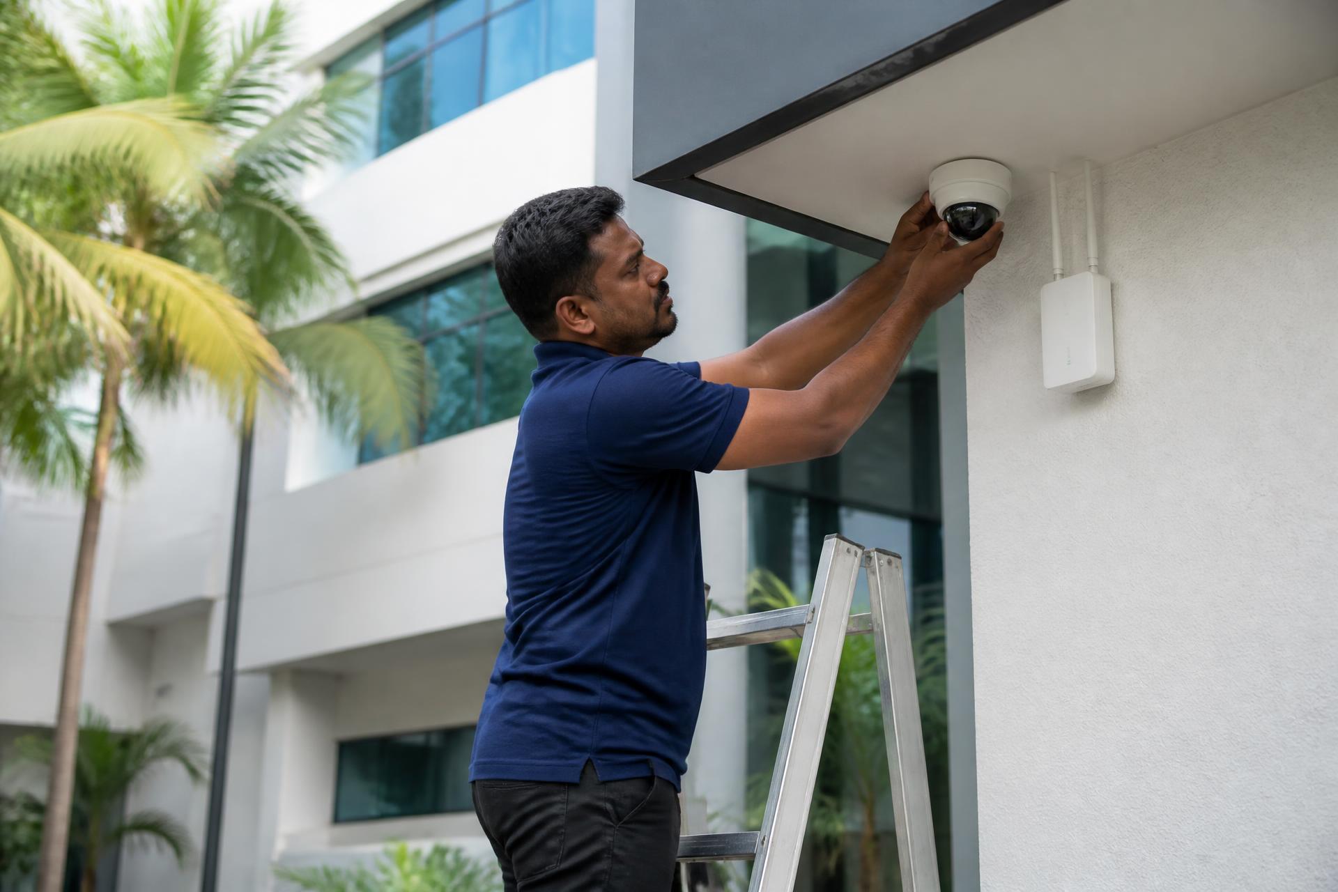 TKWIT technician installing a CCTV dome camera and wireless access point on a commercial building in Sri Lanka