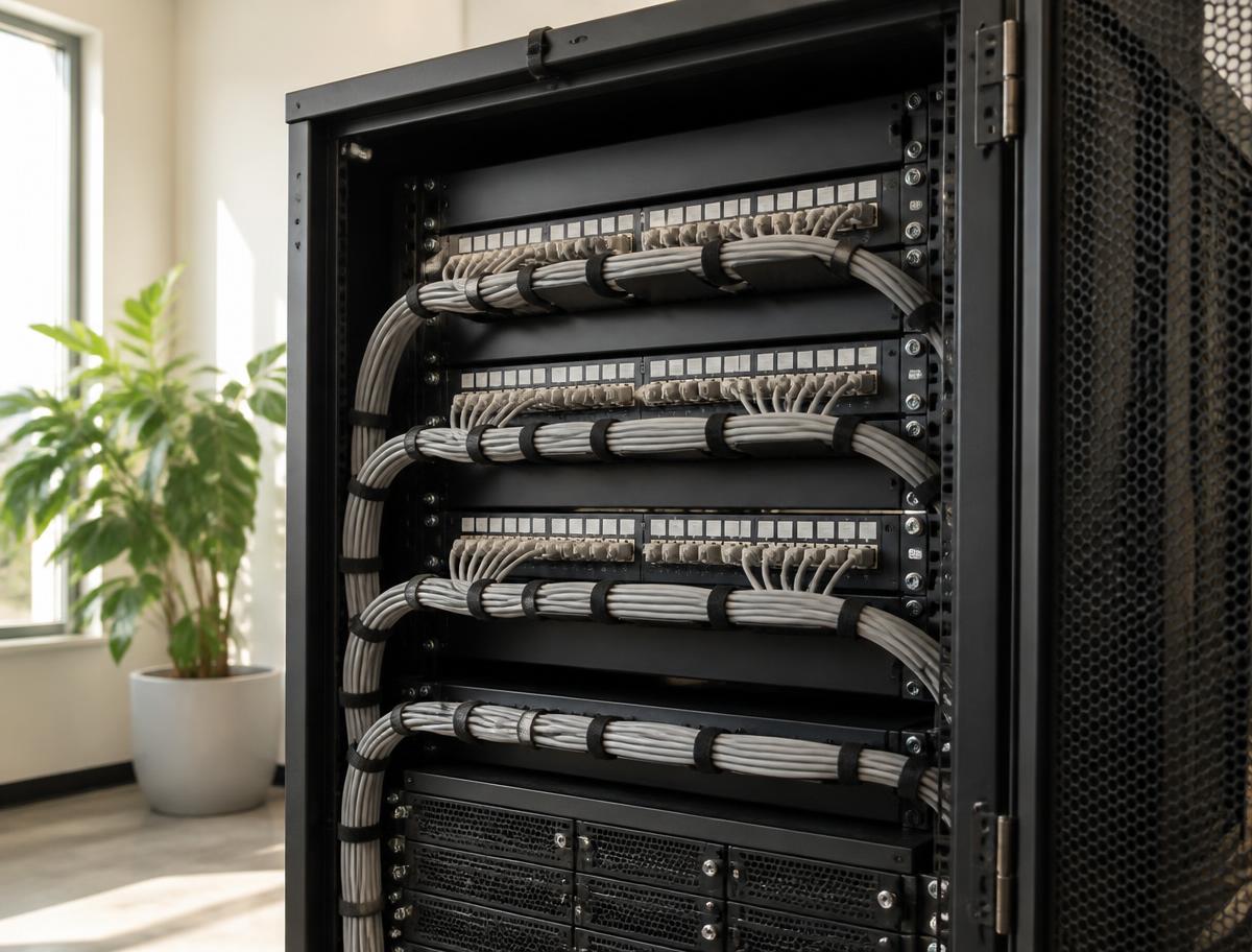 Network rack with structured cabling and patch panels