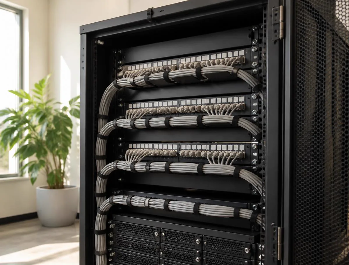 Network rack with structured cabling and patch panels