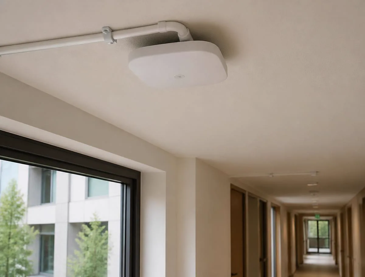 Ceiling-mounted wireless access point in an office corridor